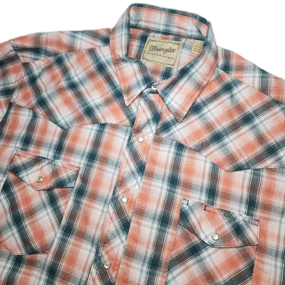 Wrangler Mens 2XL Grey White‎ Orange Plaid Pearlsnap Close Button Up S/S Shirt